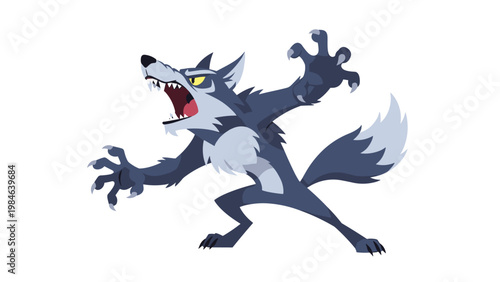 Fierce gray werewolf character snarling with sharp teeth and claws out showing aggressive and scary wolf nature.