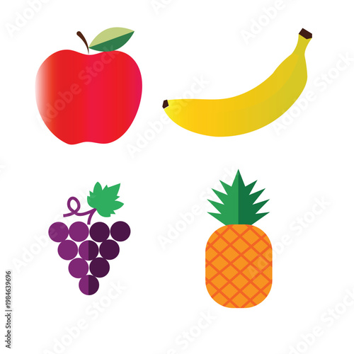 A colorful arrangement of a red apple yellow banana purple grapes and orange pineapple