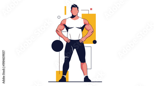 Athletic muscular man in workout clothing posing with hands on hips against a background of geometric shapes.