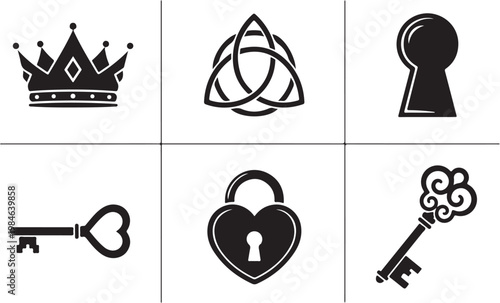 Black icons, symbols, and signs, 6 emblems, vector graphics, crown, celtic knot, keyhole, heart key, lock, ornate key