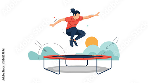 Young woman in a red shirt and navy leggings performs a dynamic jump on a trampoline against a minimalist background.