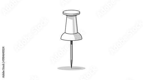 Large white plastic push pin stands upright on a white surface, casting a soft shadow beneath its sharp metal point.
