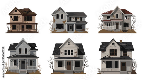 Set of six various abandoned and dilapidated two-story wooden houses showing signs of neglect, decay, and architectural ruin.