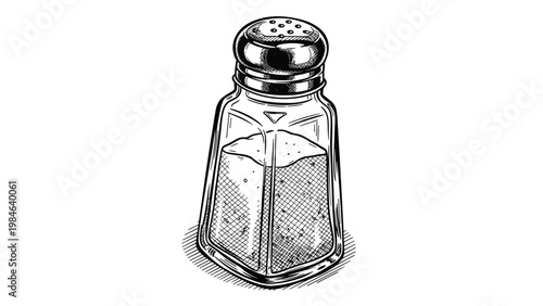 Traditional glass salt shaker with a metal screw cap and fine grains visible inside, shown in a detailed black and white sketch.