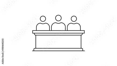 Arbitration panel minimalist black line vector icon on a white background representing three seated judges or committee members at a long desk, perfect for legal and business illustrations.