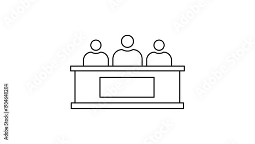 Arbitration panel minimalist black line vector icon illustration on white background representing three seated judges or committee members at a desk for legal, business, or court concepts.