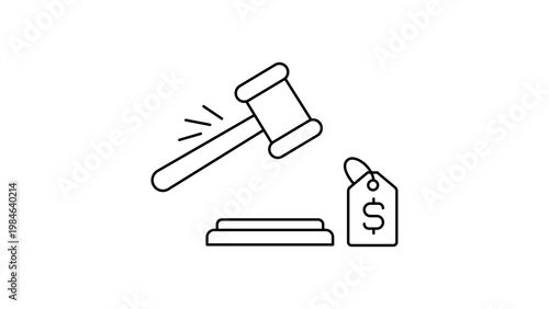 Minimalist black line vector icon of an auctioneer's gavel and a price tag with a dollar sign, representing bidding, legal sales, and commerce, isolated on a white background illustration.