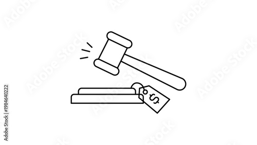Minimalist black line vector icon illustration of an auctioneer's gavel hitting a sound block with a price tag, representing bidding, legal sales, commerce, and justice on a white background.