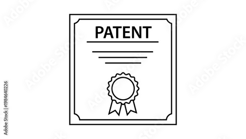 Patent Document Vector Icon Illustration: A minimalist black line art design of a framed certificate with a seal and ribbon, representing intellectual property and legal protection on white.