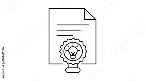 Patent filing and intellectual property protection concept vector icon illustration. Minimalist black line art of a document with a lightbulb seal representing invention, copyright, and law.