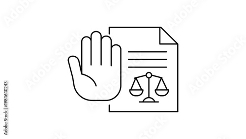 Injunction Order Vector Icon Illustration: A Minimalist Black Line Art Design Featuring a Stop Hand Gesture Next to a Legal Document with Scales of Justice Symbol on a White Background.