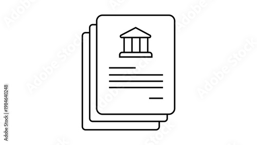 Fotografi Minimalist black line vector icon illustration of a regulatory filing document stack with a government building symbol on a white background, perfect for legal, financial, or bank paperwork