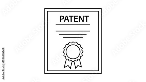 Patent document vector icon illustration. Minimalist black line art of a framed certificate with a seal and ribbons. Professional legal intellectual property symbol for business and law.