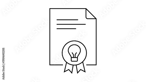 Patent filing vector icon illustration featuring a minimalist black line drawing of a document with a lightbulb seal on a white background, representing intellectual property, innovation, and legal