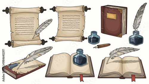 Collection of historical writing tools includes parchment scrolls, old leather-bound books, inkwells, and feather quill pens.