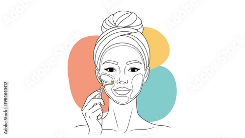 Woman with a bun hairstyle uses a jade face roller on her cheek as part of a beauty and skincare routine.