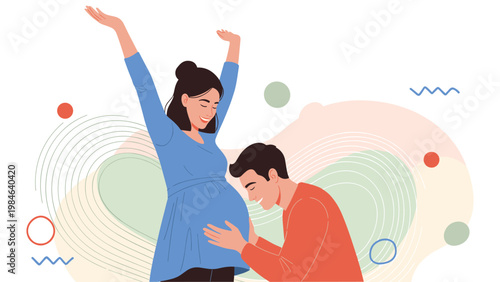 Happy man in an orange sweater touches the belly of a pregnant woman in a blue dress during a joyful moment.