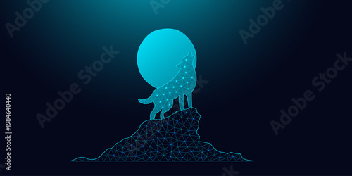 Low poly wireframe wolf howling at the full moon on dark blue background.
