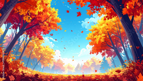 Symmetric fall avenue framed by red trees beneath broad cerulean sky. Rustic foliage pathway covered with fluttering botanical pieces. Harvest background suited branding brochure campaigns