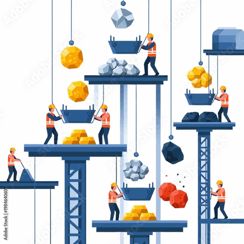Construction workers operating cranes and loading materials at a site.
