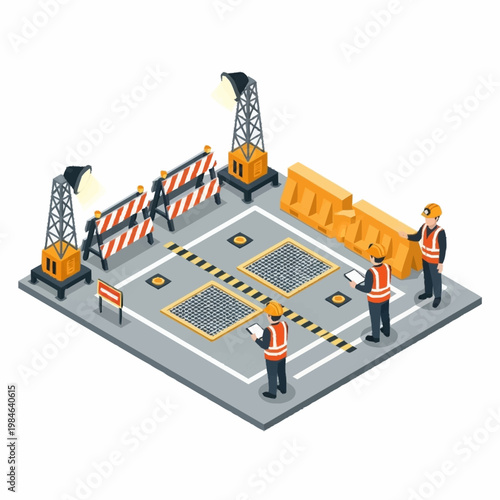 Construction workers overseeing road repair and safety barriers.