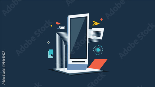 Futuristic digital information totem with a sleek screen and glowing data elements stands against a dark blue background.