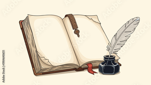Vintage open book with blank pages sits next to a black inkwell and a white feather quill pen for creative writing.