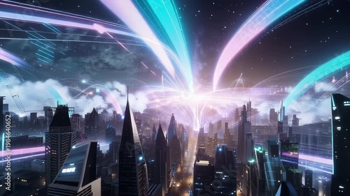 Futuristic cyberpunk megacity aerial drone shot at night glowing skyscrapers energy streams ultra cinematic view