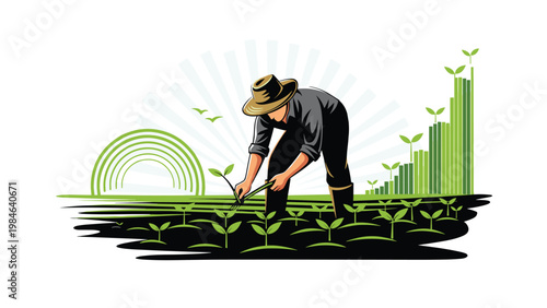 Diligent farmer wearing a straw hat plants young green seedlings in a field with agricultural growth charts in the background.
