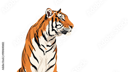 Majestic tiger with vibrant orange and black stripes is shown in a side profile view against a clean white background.