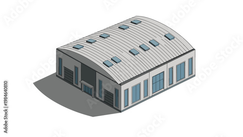 Modern industrial warehouse building with a curved metal roof and large windows is shown from an isometric perspective on white.