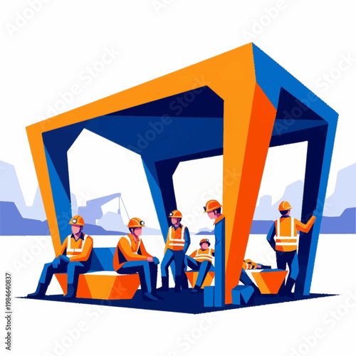 Construction workers taking a break under a modern shelter.