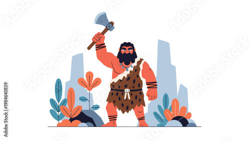 Rugged caveman with a thick black beard and leopard print clothing raises a stone axe in a primeval rocky landscape.