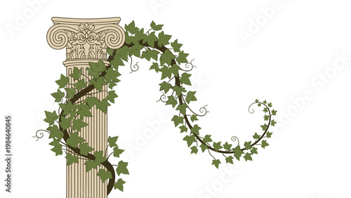 Vibrant green ivy vine with delicate leaves and curling tendrils grows gracefully around a classical stone column with ornate carvings.