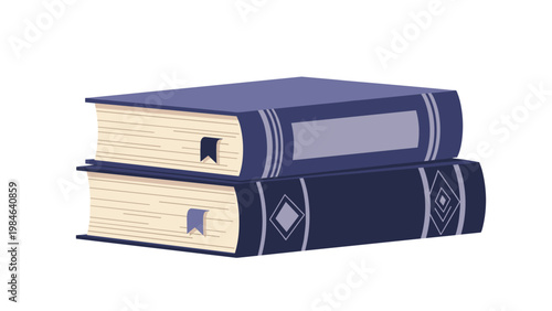 Stack of two thick blue hardcover books with decorative patterns on the spines rests against a clean white background.