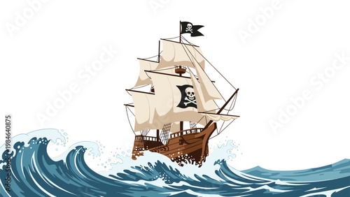 Traditional pirate ship with black skull and crossbones flags sails across large turbulent blue waves on a clear white background.