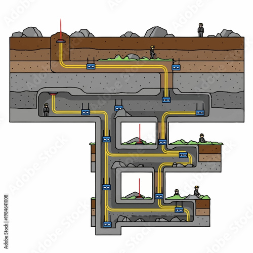 Cross section of an ant colony showing tunnels and chambers.