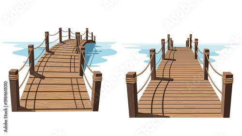 Two rustic wooden piers or bridges with rope railings extend outward over calm blue water toward a clear horizon.