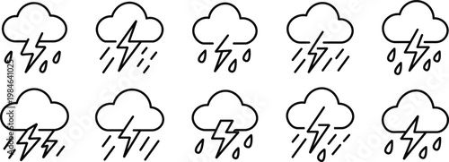 Hand drawn thunderstorm icons a collection of cloudy weather symbols with rain and lightning