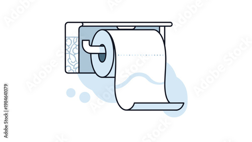 Roll of white toilet paper is mounted on a simple silver holder against a background with soft blue shapes in this clean bathroom scene.