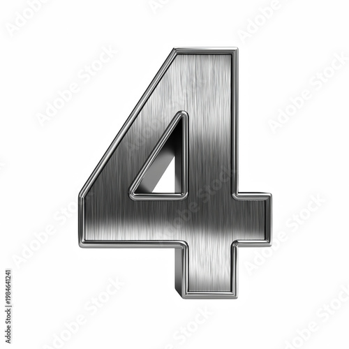 Realistic metallic silver number 4 isolated on transparent background