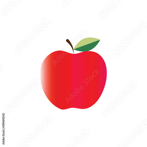A vibrant stylized red apple illustration with a single green leaf and brown stem