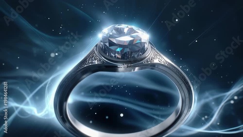 Futuristic engagement ring floating in ethereal darkness cinematic closeup glowing diamond mystical environment