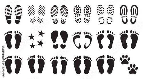 Human footprints vector set, bare foot tracks shoes kids feet icon collection footsteps navigation trail route path tracking illustration design