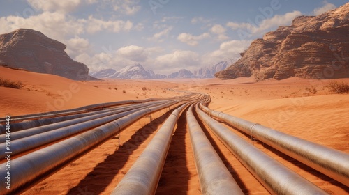 Pipeline networks: silent witnesses to the world's energy dilemma. Creative concept. Rocky horizon and steel snakes: a breathtaking look at energy's impact. Fantastical figures.