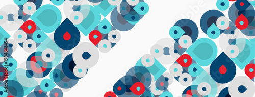 Abstract pattern features overlapping circles, squares, teardrops. Blue, red, white colors dominate design. Minimalist aesthetic.