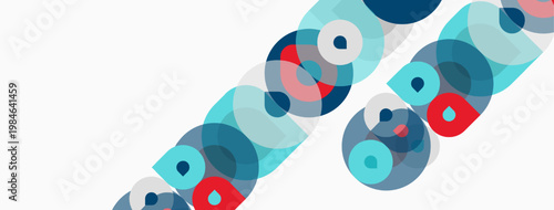 Abstract geometric pattern. Circles overlap, creating diagonal lines. Blue, teal, red hues dominate white background. Minimalist design.