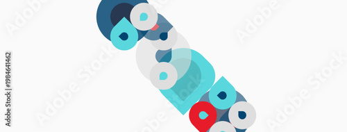 Abstract geometric shapes overlap, creating dynamic composition. Blue, red, gray tones dominate white background. Modern design element.