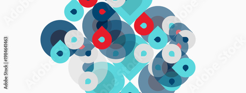 Abstract composition. Overlapping circles, squares, varying shades blue, red, gray. Minimalist design, clean aesthetic, modern feel.
