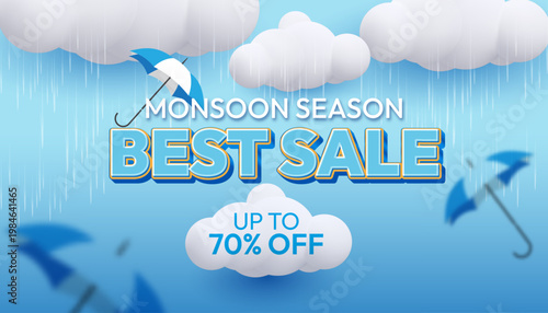 Vector illustration of Monsoon Season Best Sale banner with rain, clouds, and umbrellas on blue background
